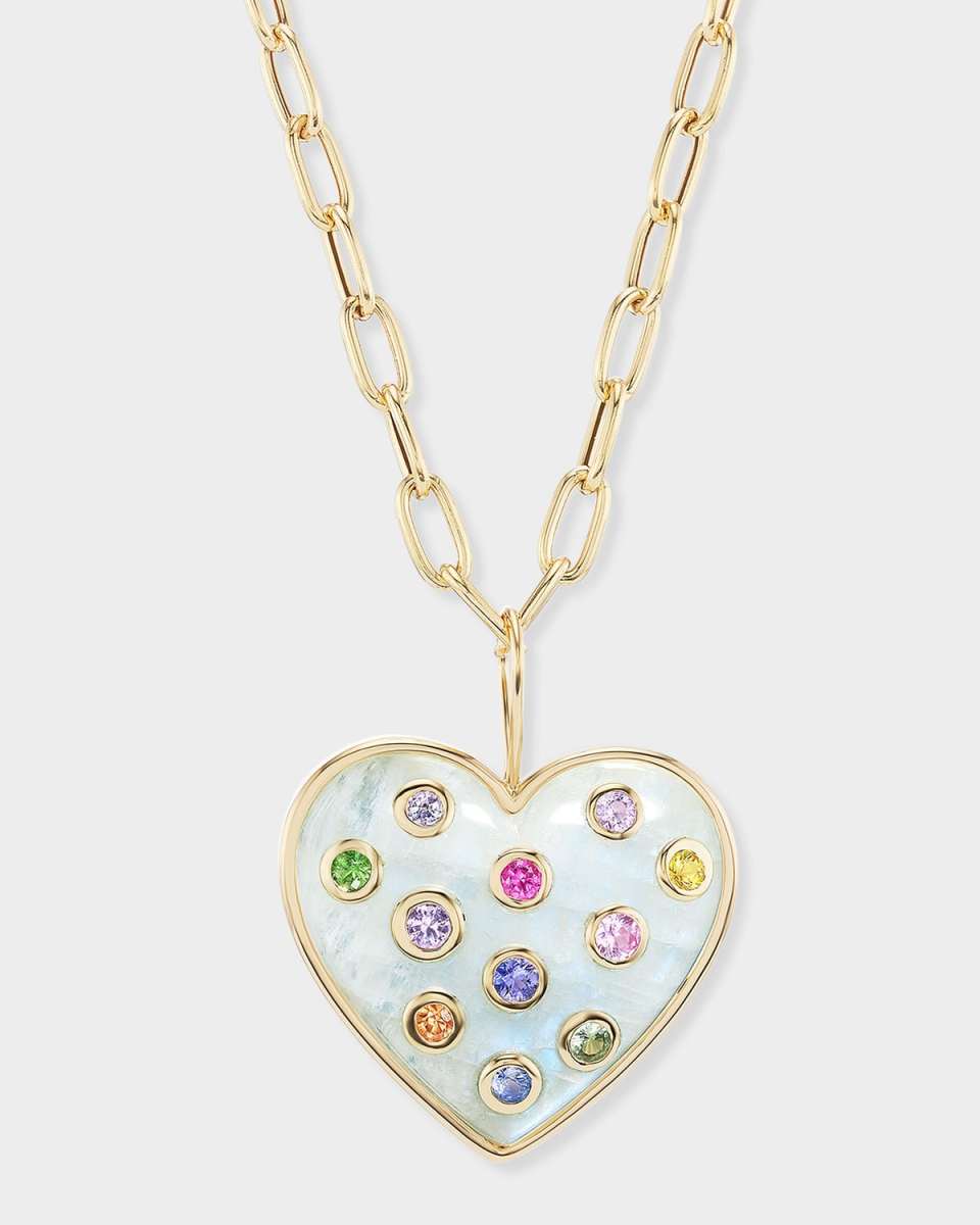 18K Yellow Gold Puff Heart Pendant Necklace with Moonstone and Multicolored Sapphires